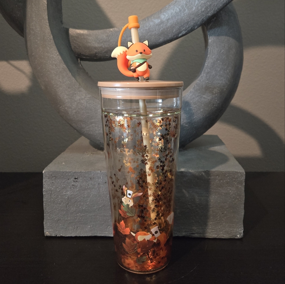 NWT Starbucks 2021 Autumn Fallen Leaves Glass Tumbler w/ Fox Topper
